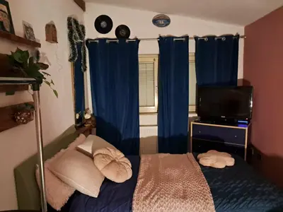 a bedroom with a bed with blue curtains and a television at ART ROOM in Rose resort in Ljubljana