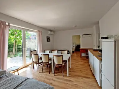a kitchen and dining room with a table and chairs at ROSE VALLEY, modern studios & apartments in Ljubljana