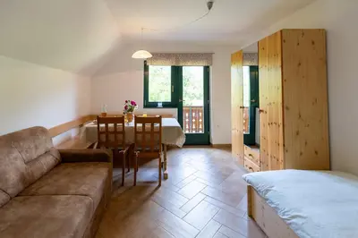 a living room with a couch and a table at Apartments Omahen in Bohinj