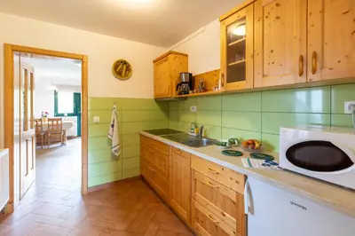 a kitchen with wooden cabinets and a white microwave at Apartments Omahen in Bohinj