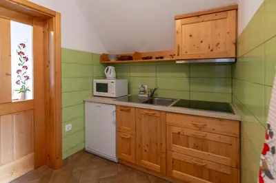 a kitchen with a sink and a microwave at Apartments Omahen in Bohinj