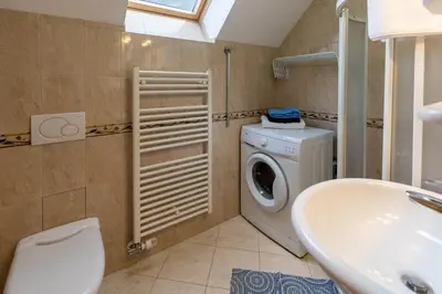 a bathroom with a washing machine and a sink at Apartments Omahen in Bohinj