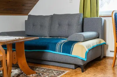 a gray couch sitting in a living room next to a table at Apartments Darinka Mencinger in Bohinj