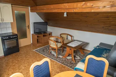 a living room with a table and chairs and a tv at Apartments Darinka Mencinger in Bohinj