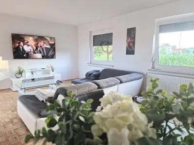 a living room with a couch and a tv at Orange house Šempeter in Šempeter v Savinjski Dolini