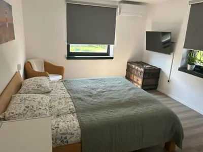 a bedroom with a large bed and a television at A&E Apartment in Ljubljana