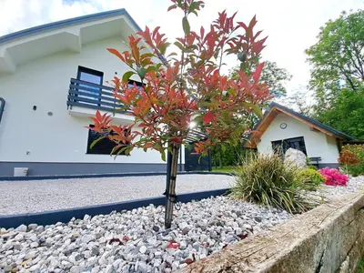 a small tree in a rock garden in front of a house at Riverside Apartma 2, Kranjska Gora in Kranjska Gora