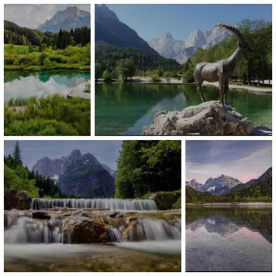 a collage of four pictures of a river and a mountain at Riverside Apartma 2, Kranjska Gora in Kranjska Gora
