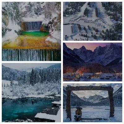a collage of four pictures of snow and water at Riverside Apartma 2, Kranjska Gora in Kranjska Gora