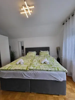 a bedroom with a large bed with a green comforter at Apartmaji Peric in Ljubljana