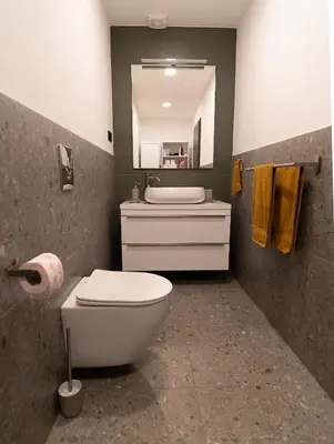 a bathroom with a toilet and a sink and a mirror at Panorama 13 in Tolmin