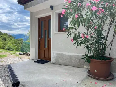 a house with a potted plant in front of a door at Panorama 13 in Tolmin