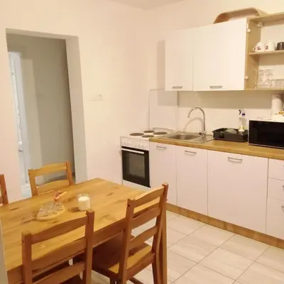 a kitchen with a wooden table and a dining room at Apartmaji BORŠTNER in Vransko
