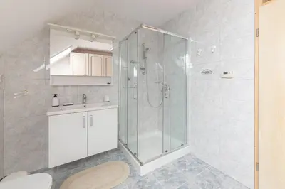 a bathroom with a shower and a toilet at Apartma Mikelj in Bohinj