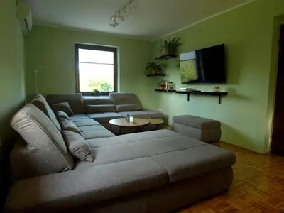 a living room with a couch and a tv at Holiday house Zarja - with sauna and hot tub in Bizeljsko