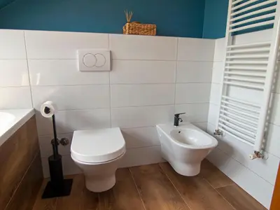 a white bathroom with a toilet and a sink at Holiday house Zarja - with sauna and hot tub in Bizeljsko