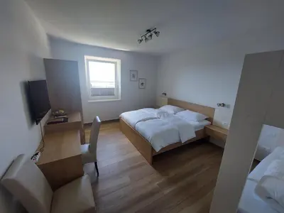 a bedroom with a bed and a desk and a television at Prenočišča v Kraški Hiši in Komen