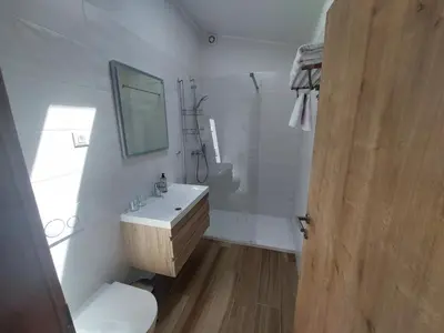 a bathroom with a sink and a toilet and a mirror at Prenočišča v Kraški Hiši in Komen