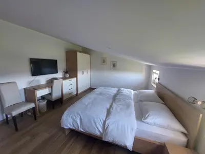 a bedroom with a bed and a desk and a television at Prenočišča v Kraški Hiši in Komen