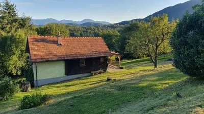 a house with a red roof on a field at Hiška ob gozdu in Polzela