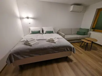 a bedroom with a large bed and a couch at Studio apartment Velis in Radovljica