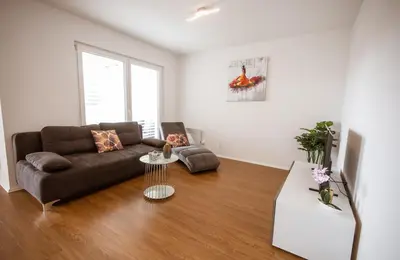 a living room with a couch and a table at Apartma Sofija, Moravski Dvori in Moravske Toplice