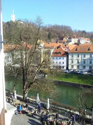 a group of people sitting around a park next to a river at Studio Ian 1 in Ljubljana