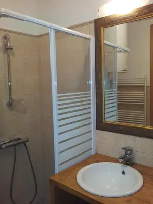 a bathroom with a sink and a shower and a mirror at Studio Ian 1 in Ljubljana
