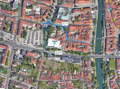 a map of a city with buildings and a river at Studio Ian 1 in Ljubljana