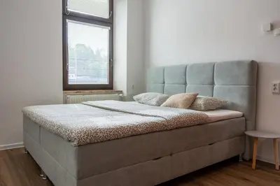 a bedroom with a large bed with a large headboard at Apartment Ivana Krško in Krško