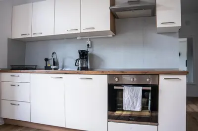a kitchen with white cabinets and an oven at Apartment Ivana Krško in Krško