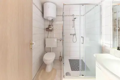 a bathroom with a toilet and a glass shower at Zidanica med Trtami in Dvor