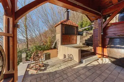 an outdoor patio with a wood fired oven at Zidanica med Trtami in Dvor