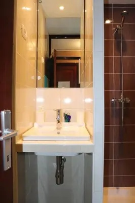a bathroom sink with a mirror and a shower at Apartma Luca, Bovec in Bovec