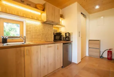 a kitchen with wooden cabinets and a sink at GUTA in Bled
