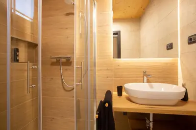 a bathroom with a sink and a shower at GUTA in Bled