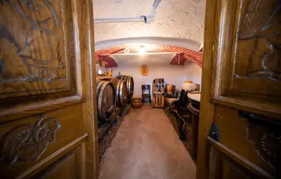 a hallway of a wine cellar with a room with barrels at Casa No. 51 in Kog