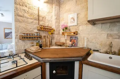 a kitchen with a counter top and a sink at Olga & Ludvik country apartment in Podbrdo