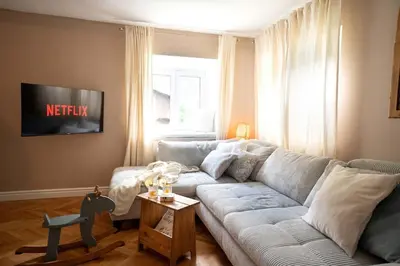 a living room with a couch and a tv at Olga & Ludvik country apartment in Podbrdo