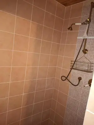 a bathroom with a shower with tan tile at Apartma Brina 3 in Sežana