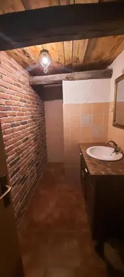 a bathroom with a sink and a brick wall at Apartma Brina 3 in Sežana