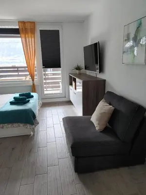 a living room with a couch and a television at Apartma Eda, Bovec in Bovec