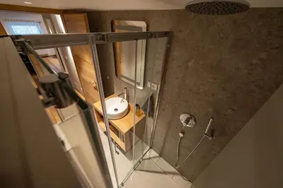 an overhead view of a bathroom with a sink at Apartments Triglav in Mojstrana