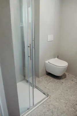 a bathroom with a glass shower and a toilet at Apartments Triglav in Mojstrana
