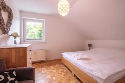 a bedroom with a bed and a chair and a window at River Valley Vista Apartment in Bohinjska Bela