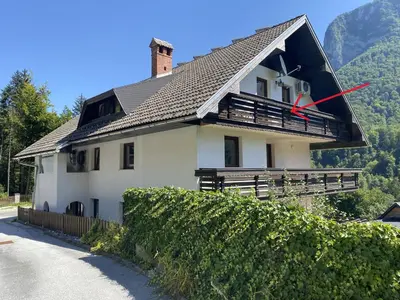 a house with a roof with a red arrow on it at River Valley Vista Apartment in Bohinjska Bela