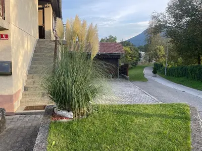 a house with some tall grass on the side of it at Apartma Šohen in Kočevje