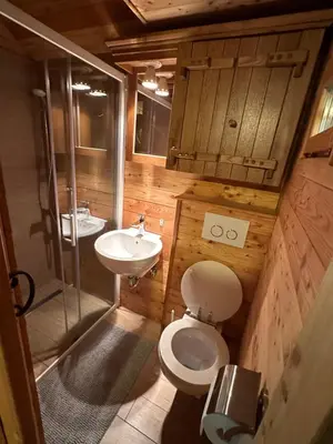 a small bathroom with a toilet and a sink at Hiška ob potočku in Ljubno