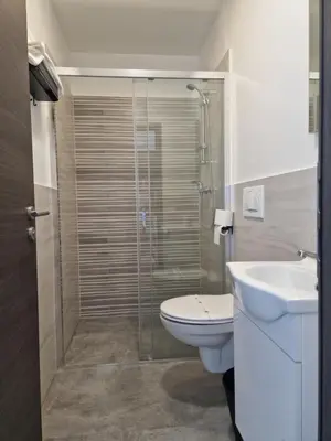 a bathroom with a shower and a toilet and a sink at Cona rooms in Cerkvenjak