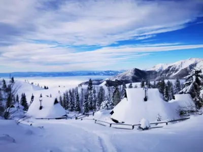 a snow covered mountain with trees and snow covered buildings at Chalet Zlatica Velika Planina in Stahovica